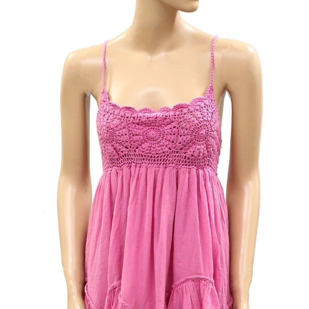 Free People Free-Est Sandoll Cotton Mini Dress Crochet Zigzag Tiered M 287402 - Picture 7 of 7